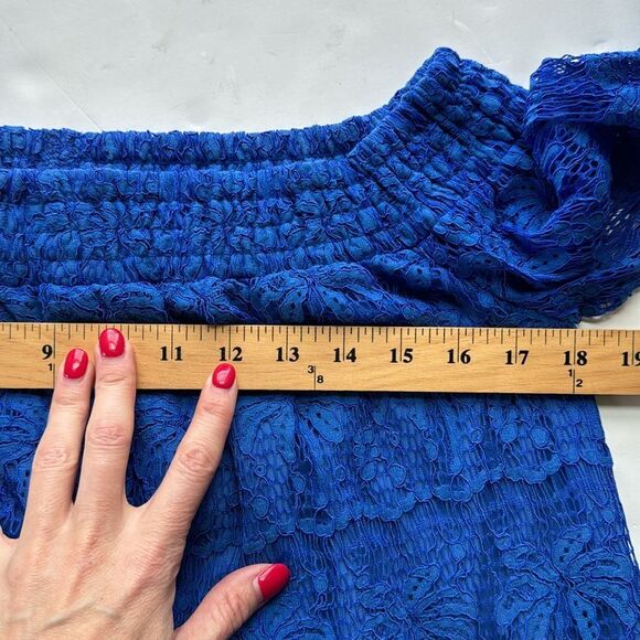 Lilly Pulitzer Women’s Sm Tobyn Top Ikat Cobalt Blue Palm Tree Lace Off Shoulder - Picture 13 of 14